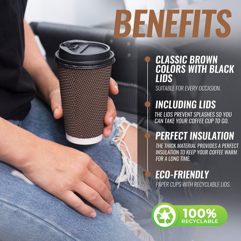 Promora Brown Disposable Coffee Cups With Lids 16 oz, Premium Insulated Paper Ripple Cups for Hot Coffee, Paper Coffee Cup with Lids (80 Pack) - Image 5